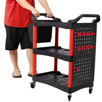 ELEMENT ACE Three Tier Rolling Mobile Utility Cart with Pegboard Panel and Tool Hooks