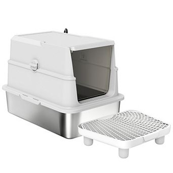 ELEMENT ACE Large Stainless Steel Enclosed Litter Box with Flip Lid for Big Cats and Odor Control