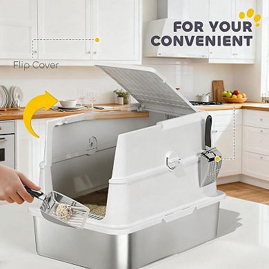 ELEMENT ACE Large Stainless Steel Enclosed Litter Box with Flip Lid for Big Cats and Odor Control