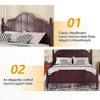 Vintage Wooden Platform Bed Frame with Wide Headboard and Slat Support No Box Spring Needed