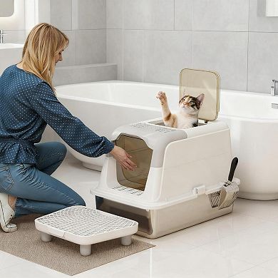 ELEMENT ACE Enclosed Stainless Steel Cat Litter Box with Deodorizer and Scoop