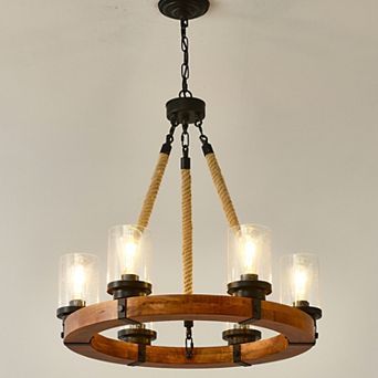 ELEMENT ACE Rustic Wood Wagon Wheel Chandelier with Seeded Glass Shades for Farmhouse Lighting