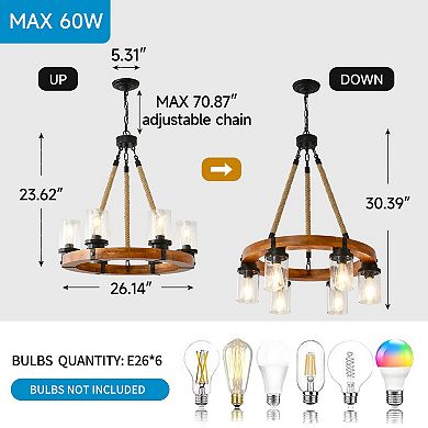 ELEMENT ACE Rustic Wood Wagon Wheel Chandelier with Seeded Glass Shades for Farmhouse Lighting