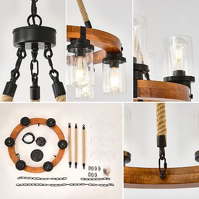 ELEMENT ACE Rustic Wood Wagon Wheel Chandelier with Seeded Glass Shades for Farmhouse Lighting