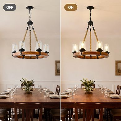ELEMENT ACE Rustic Wood Wagon Wheel Chandelier with Seeded Glass Shades for Farmhouse Lighting