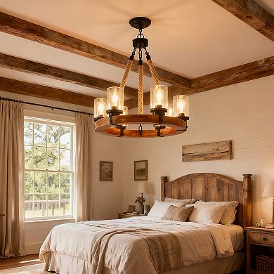 ELEMENT ACE Rustic Wood Wagon Wheel Chandelier with Seeded Glass Shades for Farmhouse Lighting
