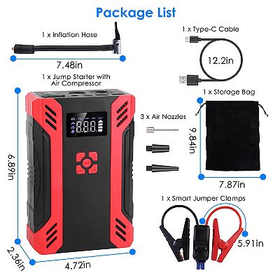 12V Car Jump Starter with Air Compressor Battery Booster & Tire Inflator