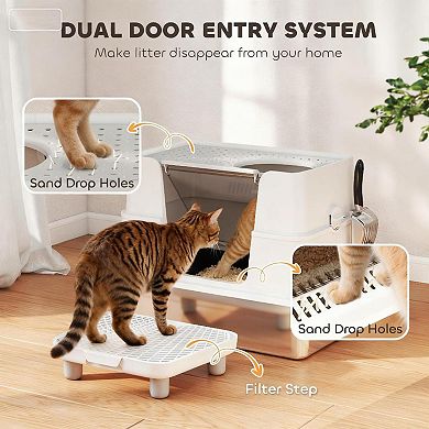 ELEMENT ACE Enclosed Dual Entry Stainless Steel Cat Litter Box with Top Flip Lid and Odor Control