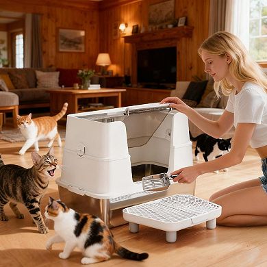 ELEMENT ACE Enclosed Dual Entry Stainless Steel Cat Litter Box with Top Flip Lid and Odor Control