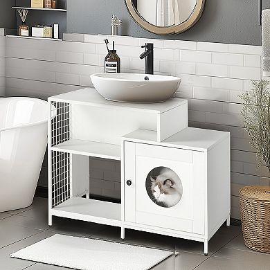 ELEMENT ACE Hidden Litter Box Enclosure Cabinet with Storage Shelves for Bathroom Space Saving