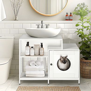 ELEMENT ACE Hidden Litter Box Enclosure Cabinet with Storage Shelves for Bathroom Space Saving