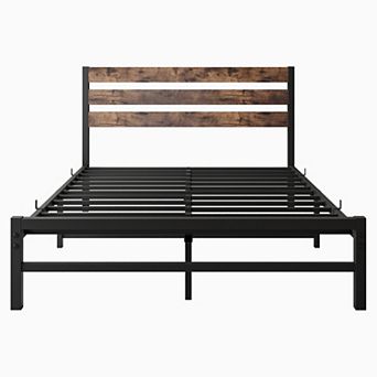 Platform Bed Frame with Rustic Vintage Wood Headboard