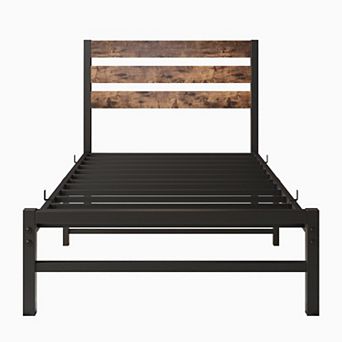 Twin Size Platform Bed Frame with Rustic Vintage Wood Headboard