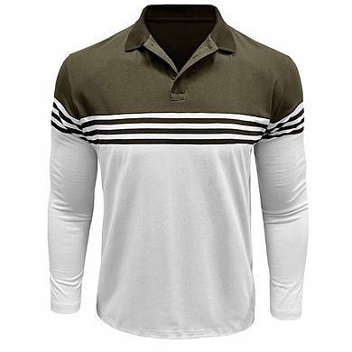 Men’s Striped Long-Sleeve Polo Shirt Collared Casual T-Shirt for Work & Weekend