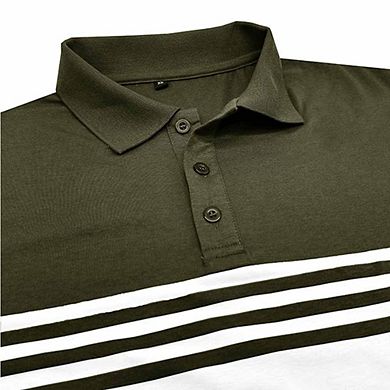 Men’s Striped Long-Sleeve Polo Shirt Collared Casual T-Shirt for Work & Weekend