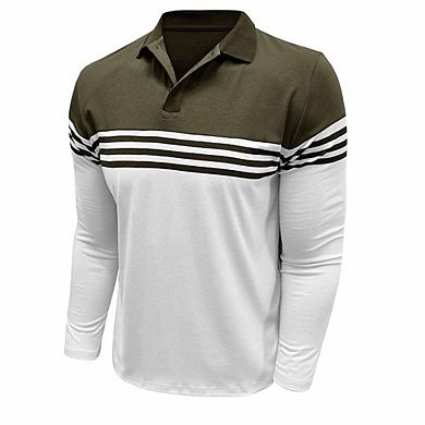 Men’s Striped Long-Sleeve Polo Shirt Collared Casual T-Shirt for Work & Weekend