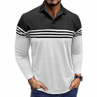 Men’s Striped Long-Sleeve Polo Shirt Collared Casual T-Shirt for Work & Weekend