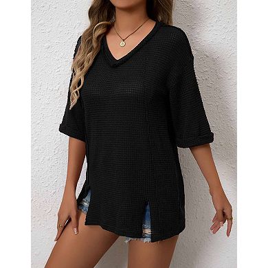 Women's Summer Blouses V-Neck Short-Sleeve Oversized T-Shirt Soft Fit Casual Top