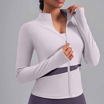 Women’s Color-Block Yoga Jacket High-Neck Cropped Workout Top Breathable Gym Zip-Up