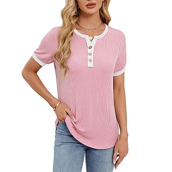 Women's Striped Ribbed Henley T-Shirt Contrast-Trim Round Neck Short-Sleeve Fitted Top