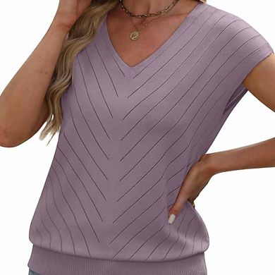 Women's V-Neck Short-Sleeve Knit Top Relaxed-Fit Sweater Blouse