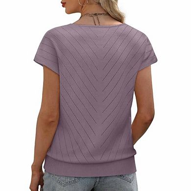 Women's V-Neck Short-Sleeve Knit Top Relaxed-Fit Sweater Blouse
