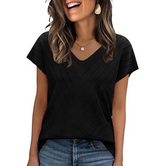 Women's V-Neck Short-Sleeve Knit Top Relaxed-Fit Sweater Blouse