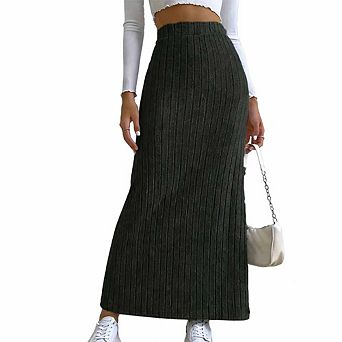 Women’s High-Waisted Ribbed Maxi Skirt Side Slit Knit Skirt for Casual Dressy Outfits
