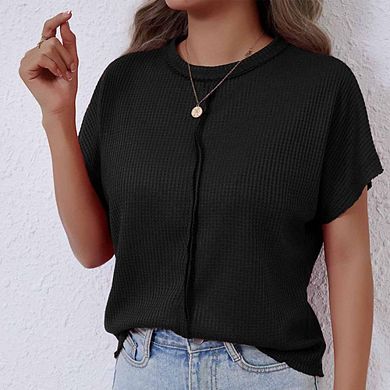 Women's Waffle-Knit Crew Neck Short-Sleeve T-Shirt Oversized Relaxed-Fit Casual Top