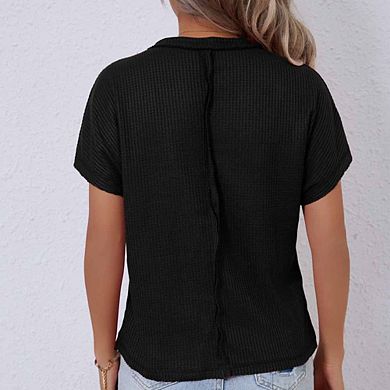 Women's Waffle-Knit Crew Neck Short-Sleeve T-Shirt Oversized Relaxed-Fit Casual Top