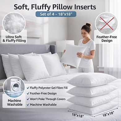 CASAFOYER Throw Pillow Inserts (18x18 Inch- Set of 4) Easy Maintenance Fluffy Inserts for Comfort