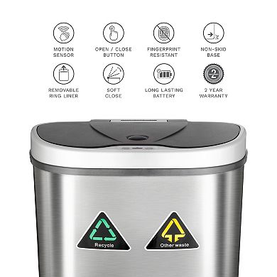 Ninestars Classic Dual-Compartment 18.5-Gallon Stainless Steel Sensor Trash Can