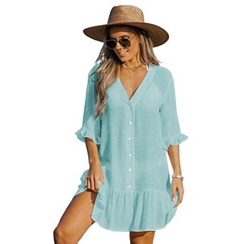 Women's Cupshe Button-Down Ruffled Beach Cover-Up Dress