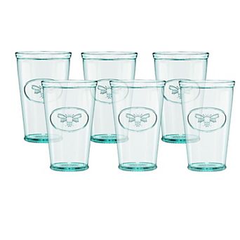 Amici Home Bee Hiball Glass, 16 Oz, Italian Made, Recycled Glass with Green Tint, (Set of 6)