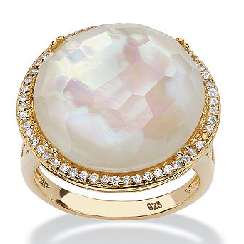 PalmBeach Jewelry .27 TCW Genuine Mother-Of-Pearl and CZ Gold-Plated Sterling Silver Halo Ring