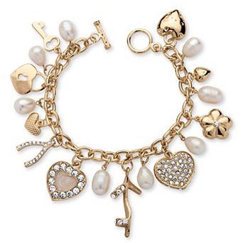 PalmBeach Jewelry Fashion Cultured Freshwater Pearl Crystal Charm Bracelet in Yellow Goldtone