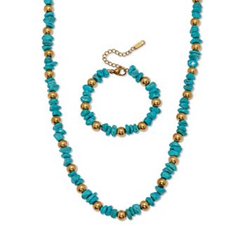 PalmBeach Jewelry Genuine Turquoise Beaded Gold Ion-Plated Stainless Steel Necklace Set