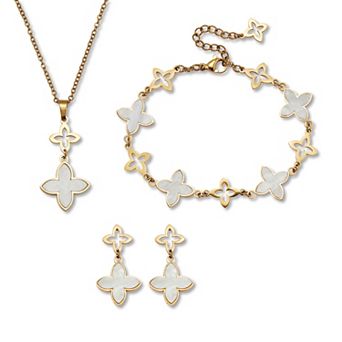PalmBeach Jewelry Genuine Mother of Pearl Gold Ion-Plated Stainless Steel Clover Jewelry Set