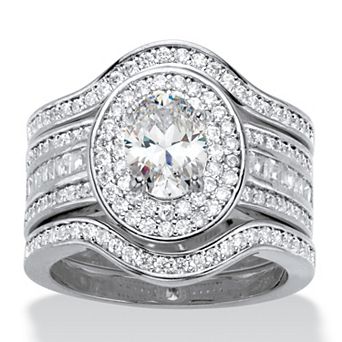 PalmBeach Jewelry 2.60 ct w. Oval Cubic Zirconia Platinum-Plated Halo Scalloped Wedding Ring Set