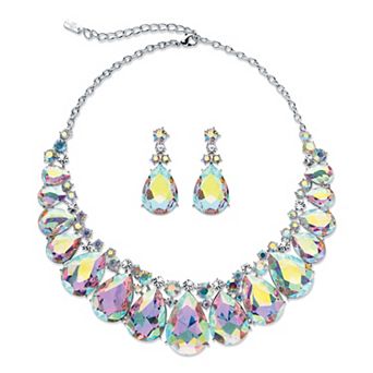 PalmBeach Jewelry Pear-Cut Aurora Borealis Crystal Silvertone Earrings and Necklace Set 16"-18.5"