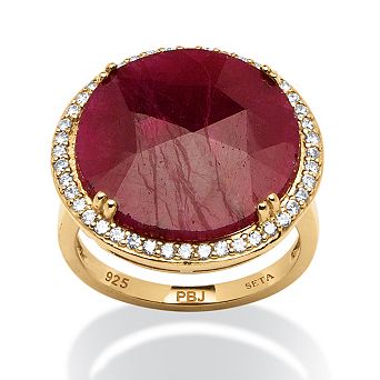 PalmBeach Jewelry 14.35 TCW Round Genuine Ruby and CZ 18k Gold-Plated Sterling Silver Halo Ring