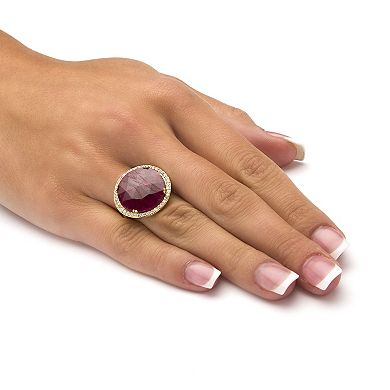 PalmBeach Jewelry 14.35 TCW Round Genuine Ruby and CZ 18k Gold-Plated Sterling Silver Halo Ring