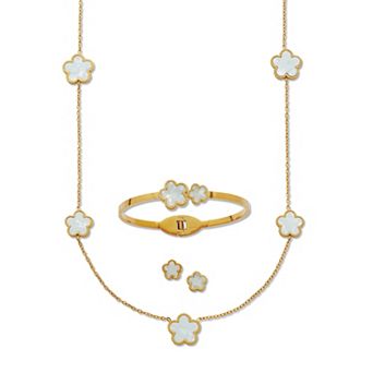 PalmBeach Jewelry Genuine Mother of Pearl Gold Ion-Plated Stainless Steel Clover Jewelry Set