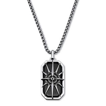 PalmBeach Jewelry Men's Natural Black Onyx Antiqued Stainless Steel Dog Tag Necklace 24 inch