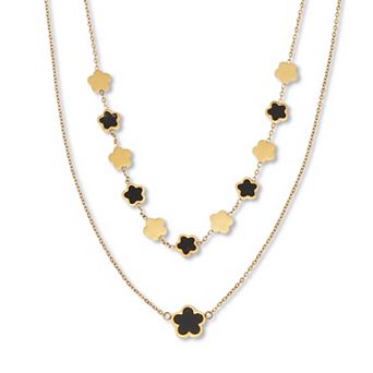 PalmBeach Jewelry Genuine Black Onyx Gold Ion-Plated Stainless Steel Clover Necklace 17 to 19 in