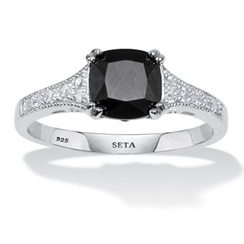 PalmBeach Jewelry .12 TCW Cushion Black Spinel and Cubic Zirconia Sterling Silver Engagement Ring