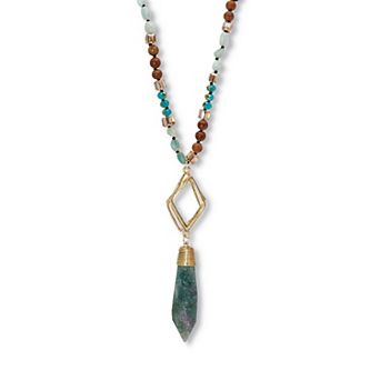PalmBeach Jewelry Genuine Blue Agate and Brown Agate Beaded Goldtone Drop Necklace 34-inch
