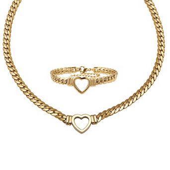 PalmBeach Jewelry Yellow Gold Ion-Plated Stainless Steel Heart Bracelet And Necklace 16 Inch