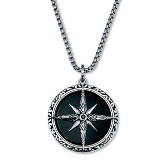 PalmBeach Jewelry Men's Natural Black Onyx Antiqued Stainless Steel Pendant Necklace 24-inch
