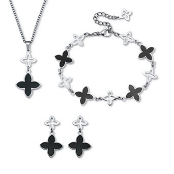 PalmBeach Jewelry Genuine Black Mother of Pearl Stainless Steel Clover Jewelry Set